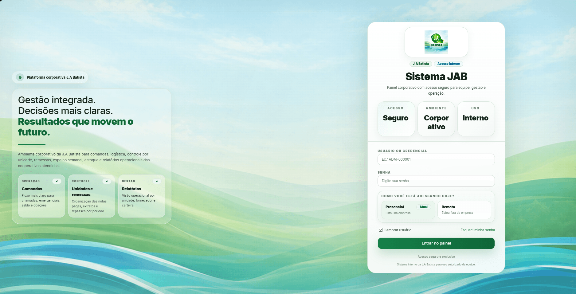 Print real da tela de acesso do Sistema JAB com dados protegidos